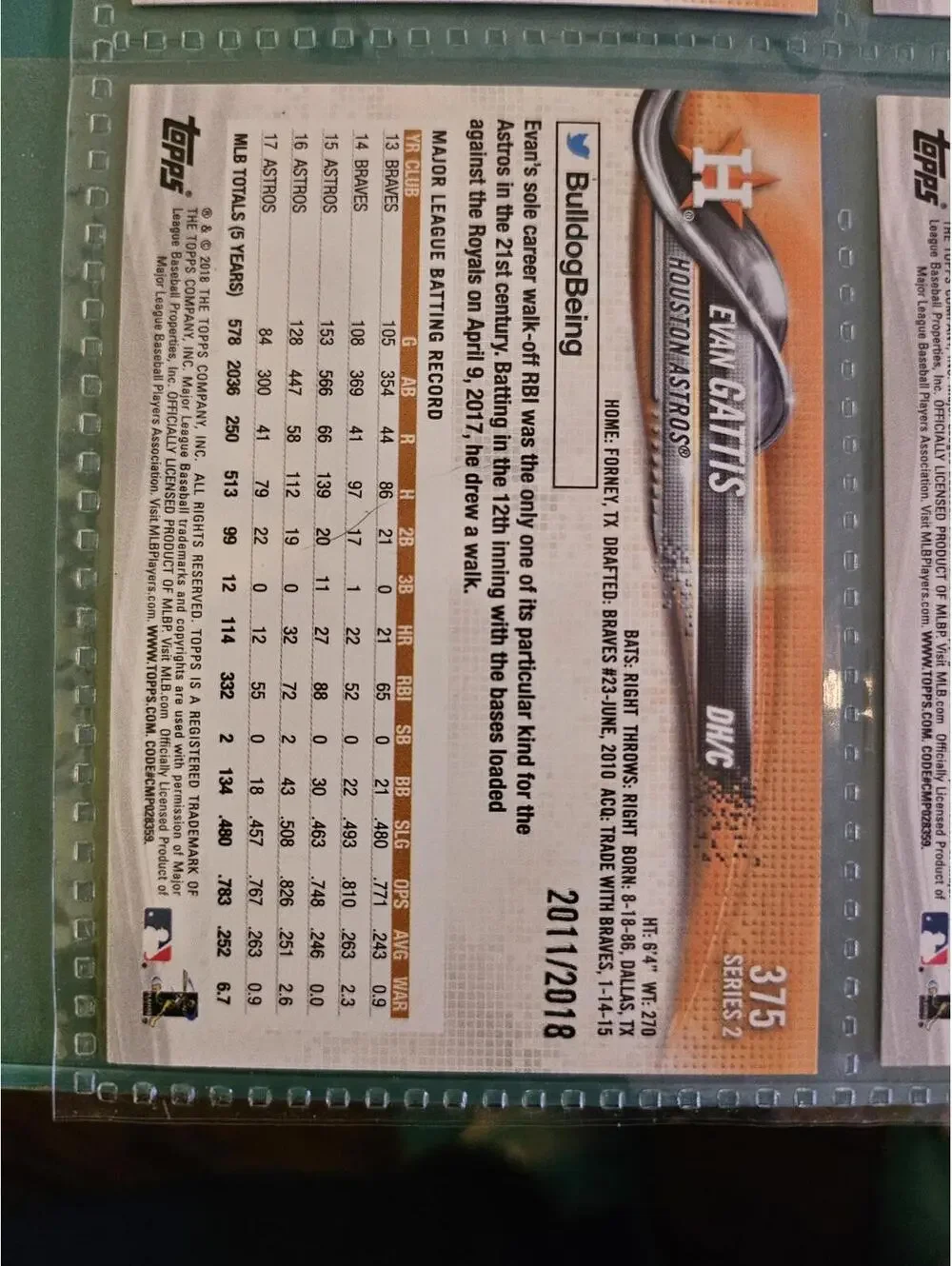2018 Topps GOLD insert- Evan Gattis - No. 2011/2018  #375 - Astros - RAW Mint